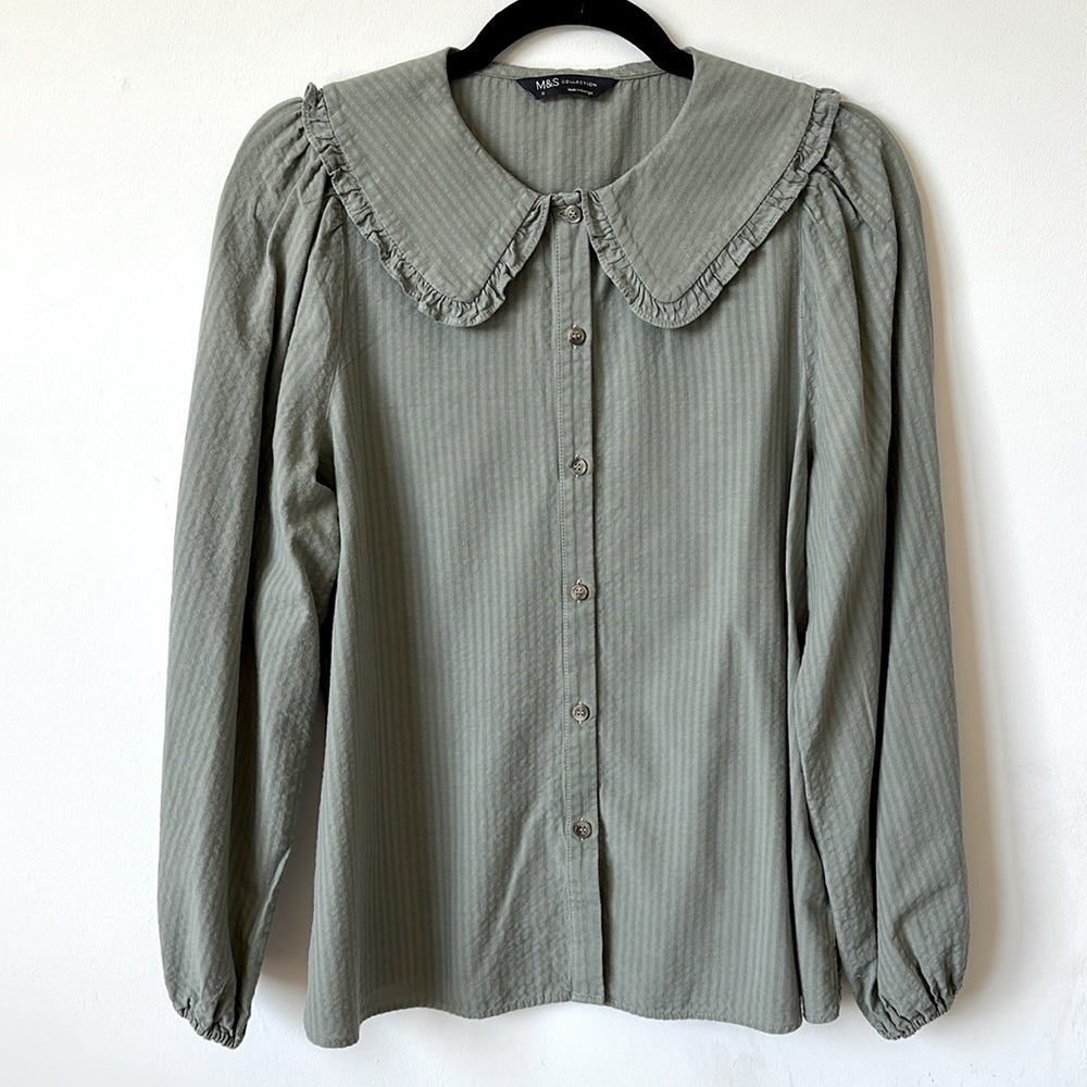 New w/out Tags! M&S COLLECTION Khaki Green Stripe Ruffle Collar Top UK 12 / US 8